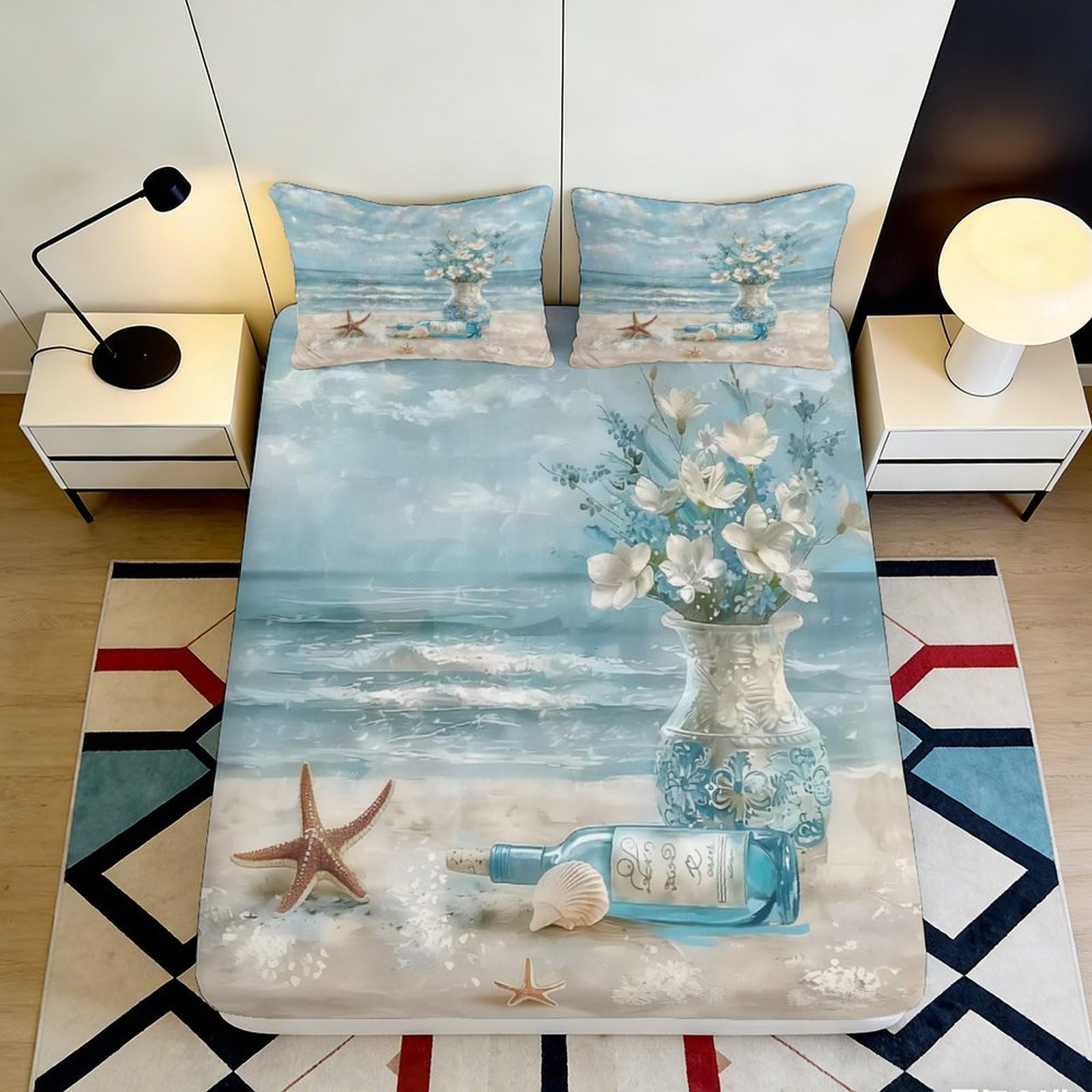 3D Printed Ocean Beach Fitted Sheet Microfiber Soft Blue Floral Sea Star Mattress Cover for Bedroom Guestroom 160x200x25cm