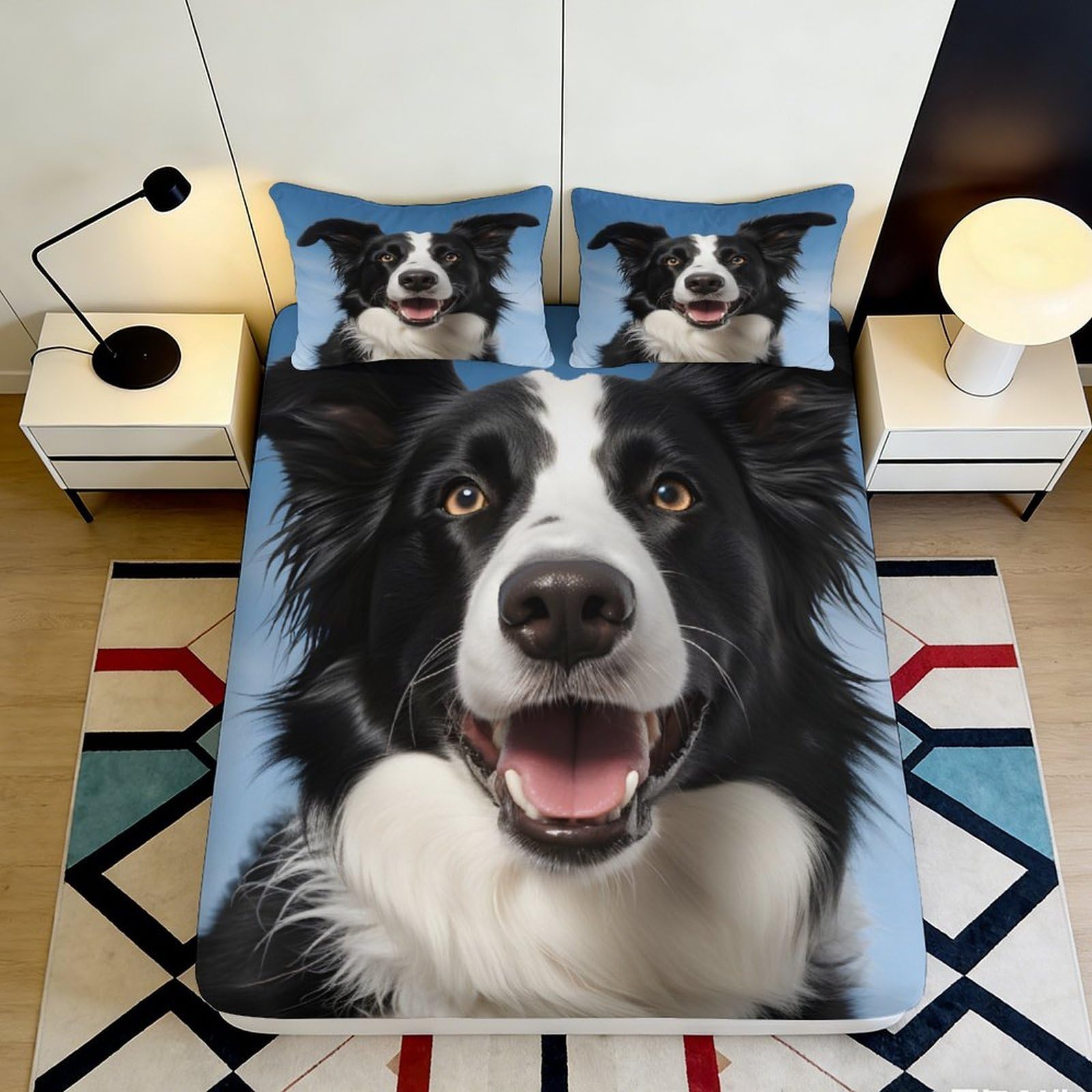 3D Printed Border Collie Fitted Sheet Microfiber Soft Breathable Dog Face Bed Cover for Bedroom Dormitory Guest Room Mattress Protection Decor 90x200x25cm