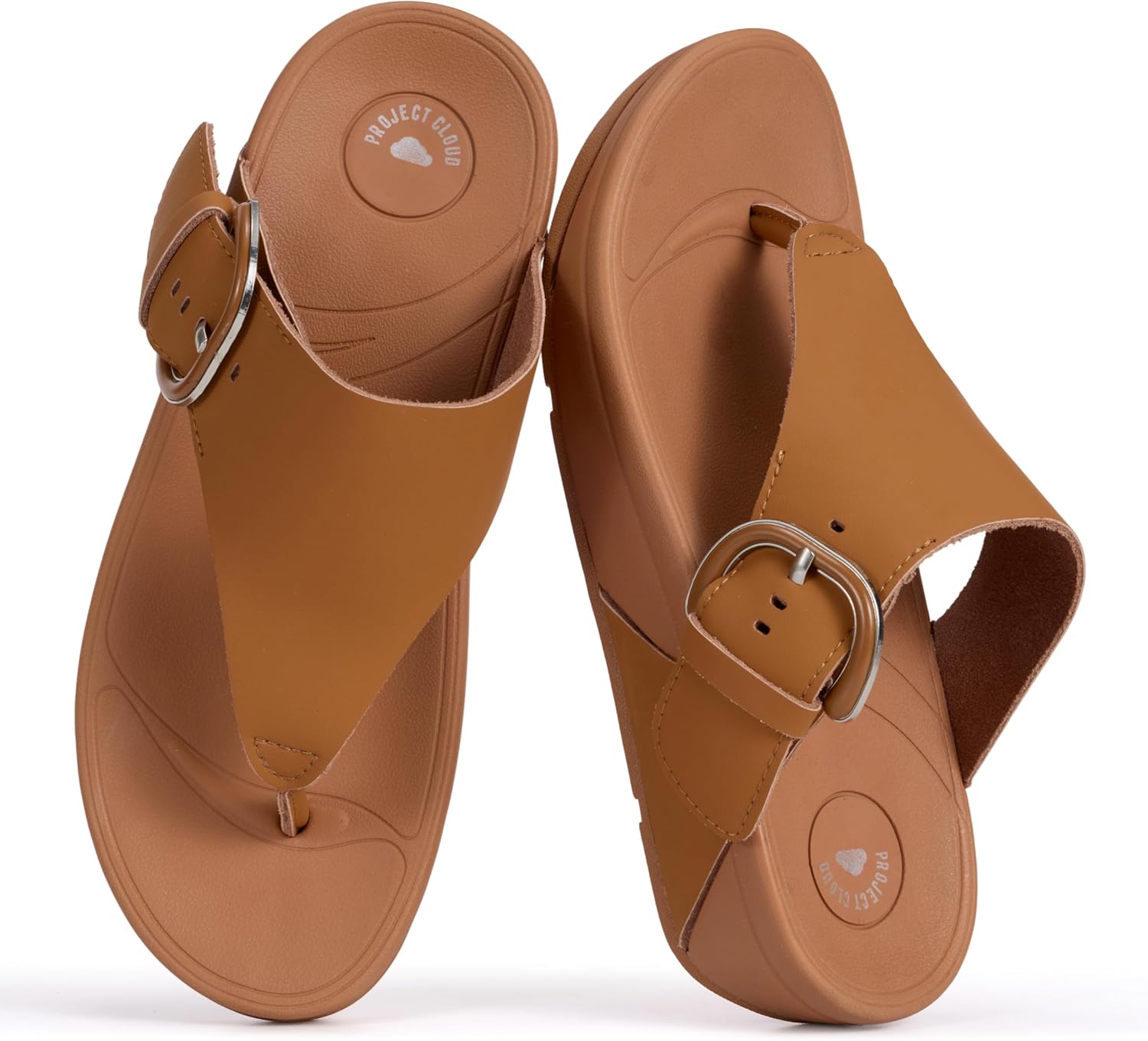 Project Cloud Genuine Leather Sandals for Women - Thong Sandals with Adjustable Buckle - Plush and Soft Insole Slippers - Non Slip Outsole Slides Summer Outfits 2026 (ARLEE BUCKLE-TANLEATHER,8.5M)