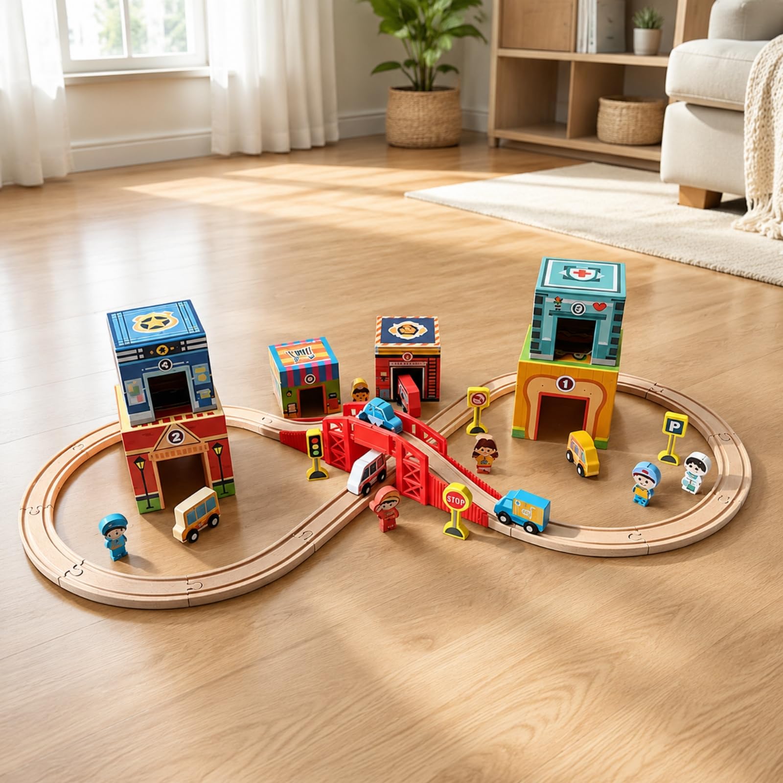 kowaku Set Juego Transporte para Apilar Colorido, Juguete Tráfico Apilable con Edificios Dibujados, sin Electricidad