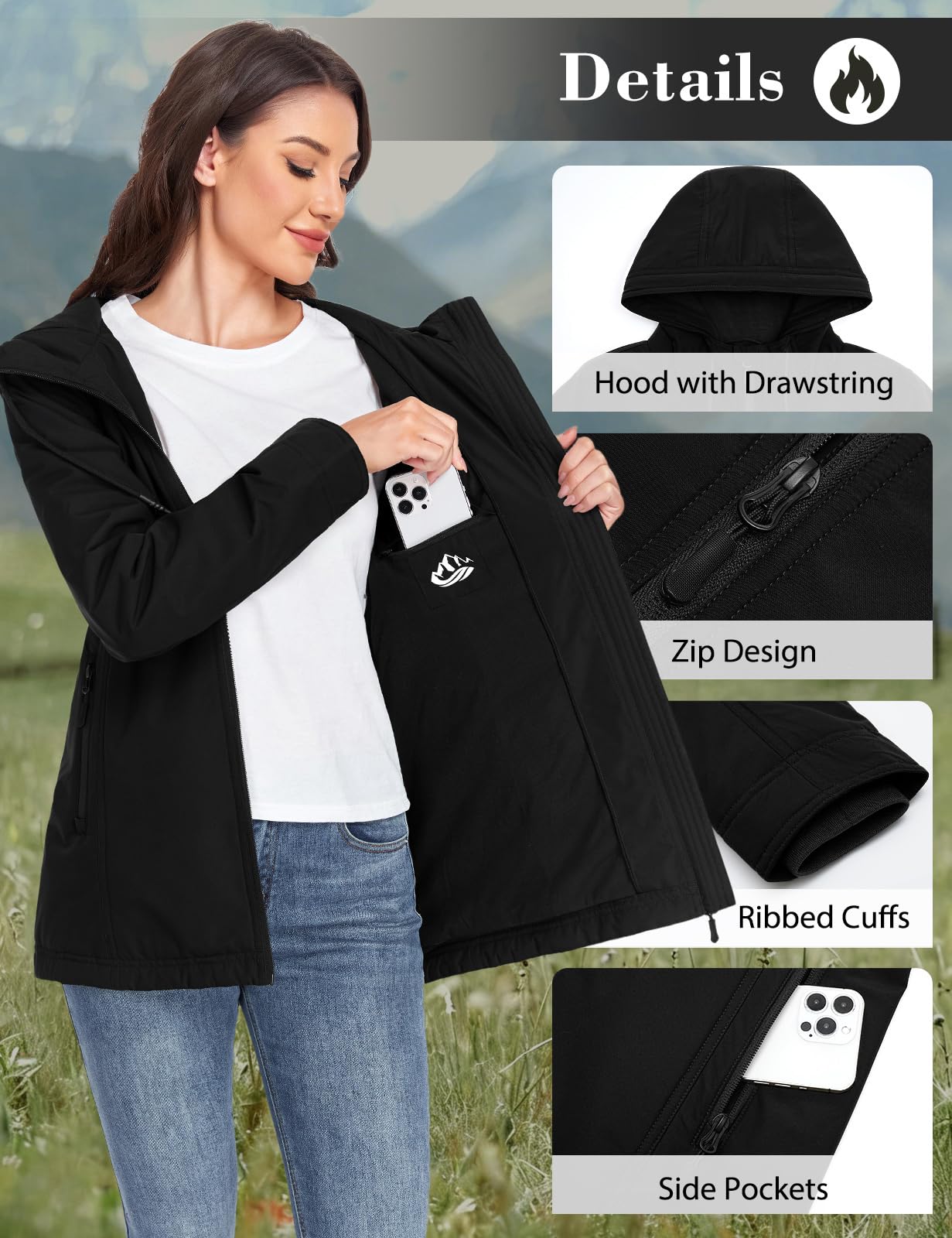 Jacke Damen Übergangsjacke Leichte Softshelljacke Wasserdichte Damen-Jacken Outdoor Jacken Gefütterte Windjacke mit Kapuze
