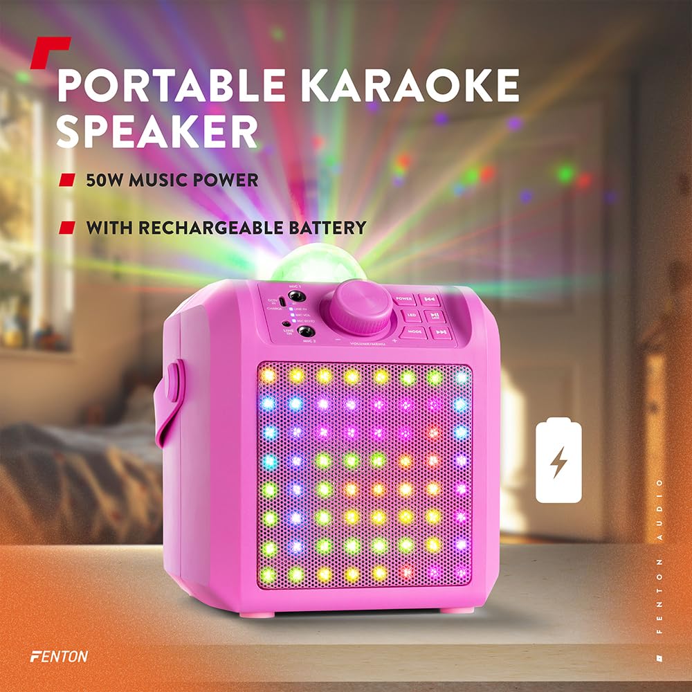 Fenton KAR55P – Musikbox Kinder Karaoke Anlage mit 2 Mikrofonen, Jelly Ball LED-Discolicht, Bluetooth, 10 Std. Akku, 50 Watt Leistung, AUX-Anschluss, Portable Karaoke Maschine Kinder in Pink