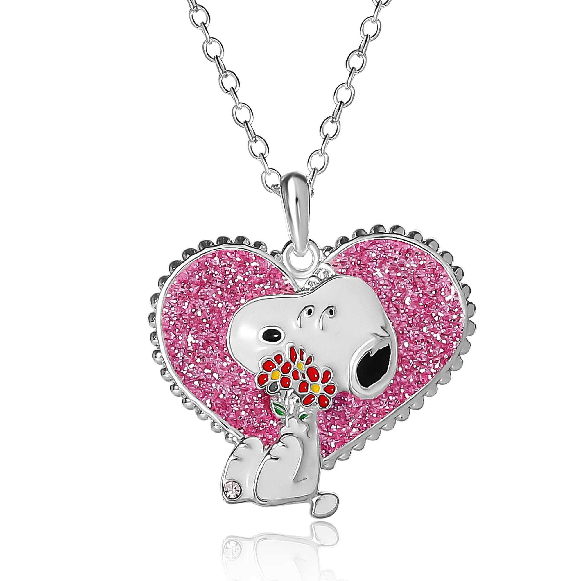 Peanuts Official Snoopy Necklaces – Silver Flash-Plated 3D Pavé Snoopy or Pink Glitter Heart Pendant, Licensed Jewelry