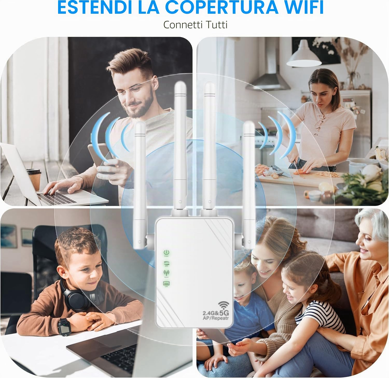 Ripetitore WiFi, Estensore WiFi, Amplificatore di Segnale Wi-Fi 1200Mps, Wi-Fi Booster Doppia Banda 5GHz e 2.4GHz, Modalità Ripetitore/Router/Ap, 4 Antenne, 2 Porte LAN, Compatibile Air 13-Inch Laptop