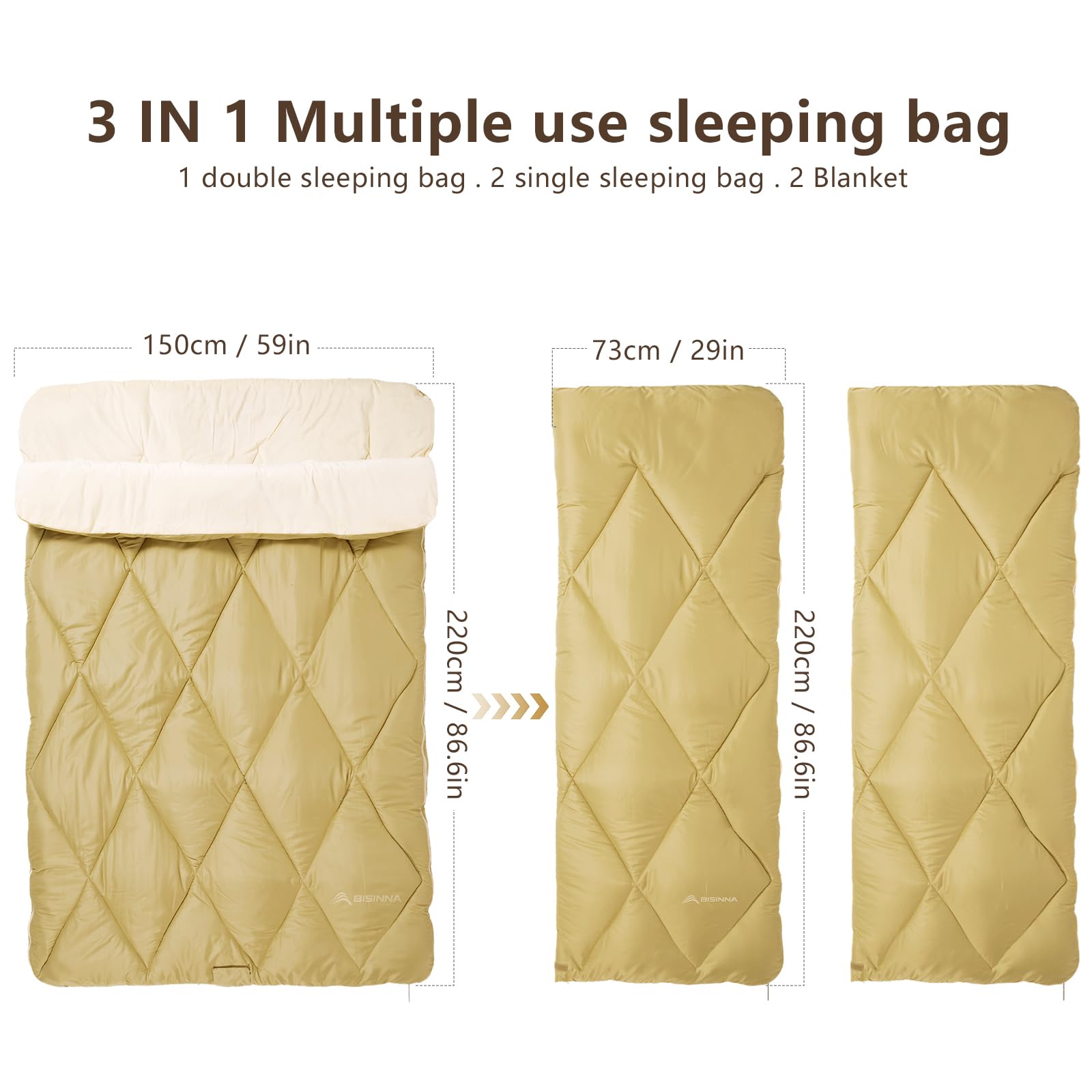 BISINNA Doppelschlafsack Flanell für Erwachsene, 2-Personen Queensize, versch. Größen (3,2-4,5 kg), für alle Jahreszeiten, Wandern, Rucksackreisen, kaltes Wetter, mit Kompressionsbeutel