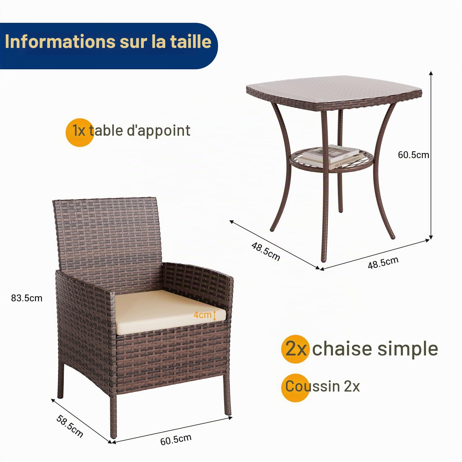 UDPATIO Salon de Jardin Exterieur 2 Fauteuils avec Coussin et 1 Table Basse en Verre trempém, Canapé de Jardin en rotin pour Le Jardin et la terrasse, Marron