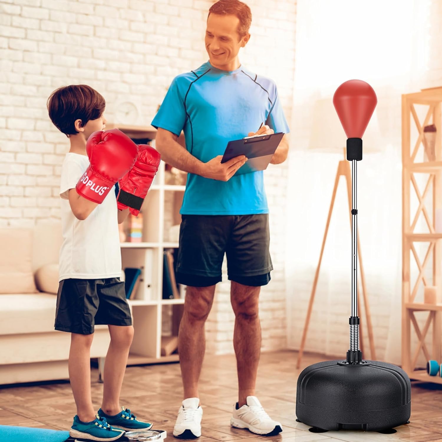 GOPLUS Juego de Saco de Boxeo, Set de Boxeo de Pie con Guantes, 140-158 cm Altura Ajustable y Base Rellenable, para Entrenamiento de Artes Marciales, Hogar Gimnasio, para Niños y Adultos