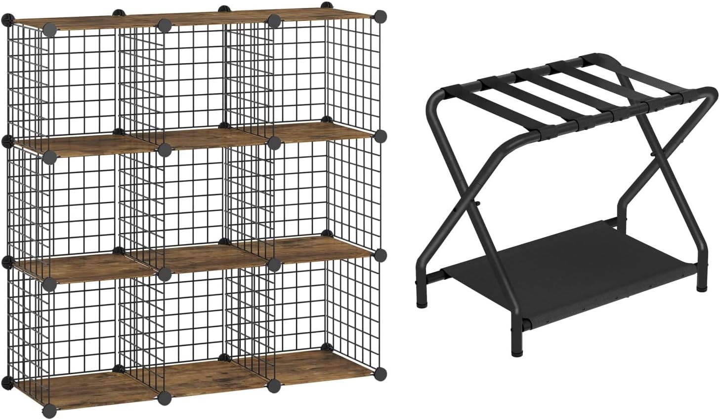 HOOBRO Luggage Rack and Wire Cube Storage Organizer, Folding Suitcase Stand with Fabric Storage Shelf, 9-Cube Shelves, Modular Shelves with Metal Grid, DIY Closet Cabinet BK04XL01-BF09CW01