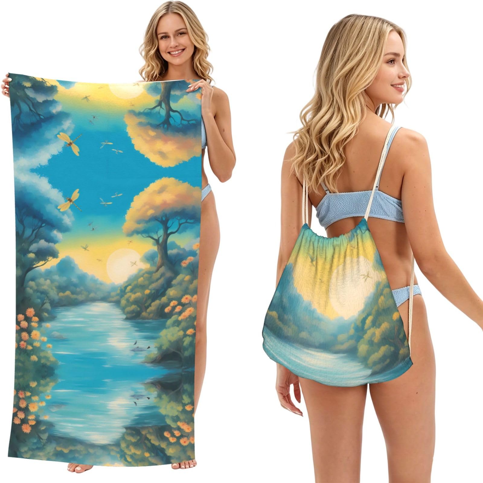 SXZVVBN lots of beautiful dragonflies 2-in-1 Beach Towel Bag, Quick Dry Sand Free Travel Towel Backpack for Adults
