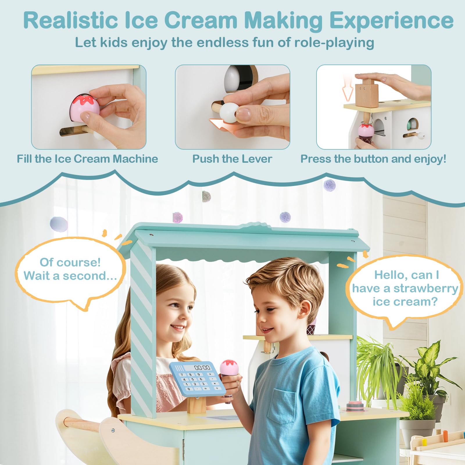 HOMASIS Carrello Gelati Bambini in Legno con 15 Accessori, 6 Gelati Giocattolo, Gelatiera, Distributore Automatico, Cassa e Scanner, Gelateria con Ruote per Bambini dai 3+ Anni (Verde)