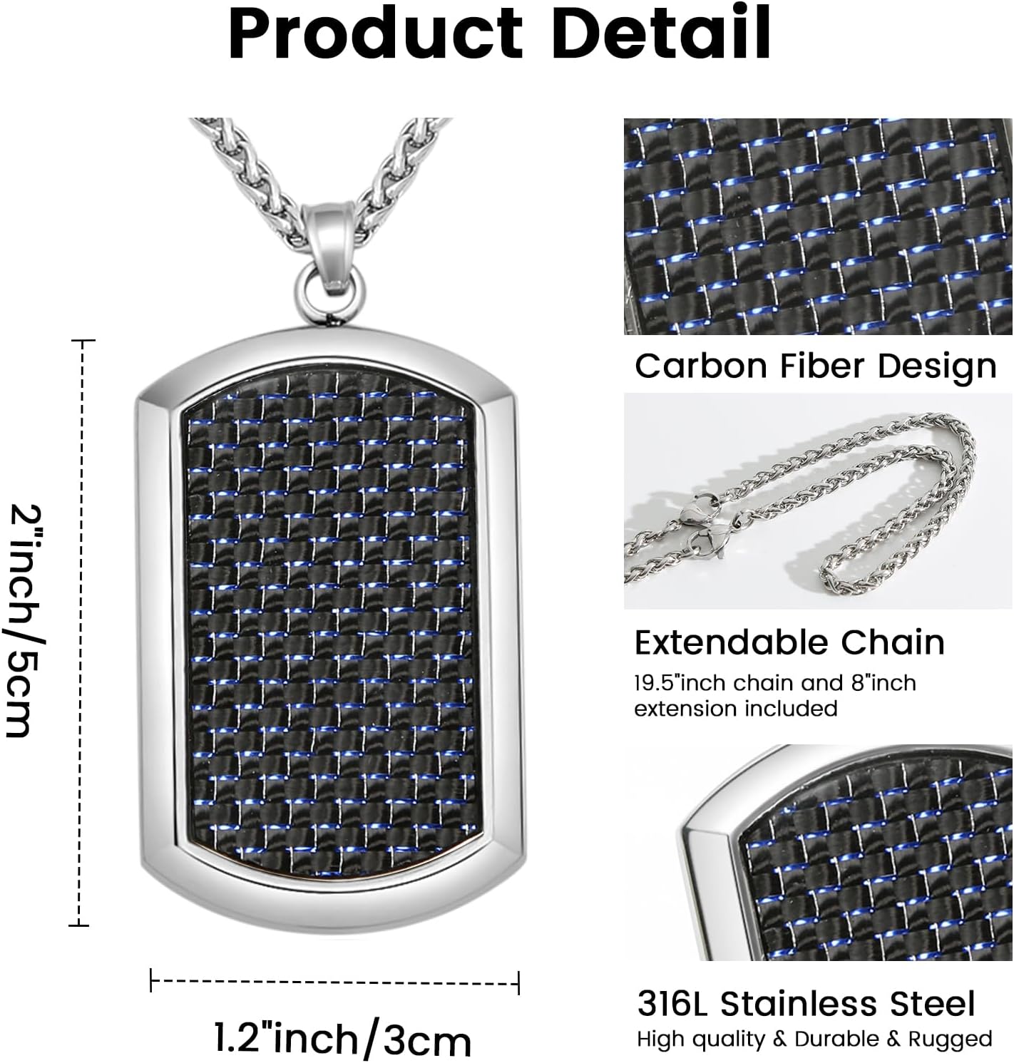 Dog Tag Pendant Necklace for Men in Carbon Fiber 316L Stainless Steel with Steel Box Chain 20+8" Jewelry Gift for Men