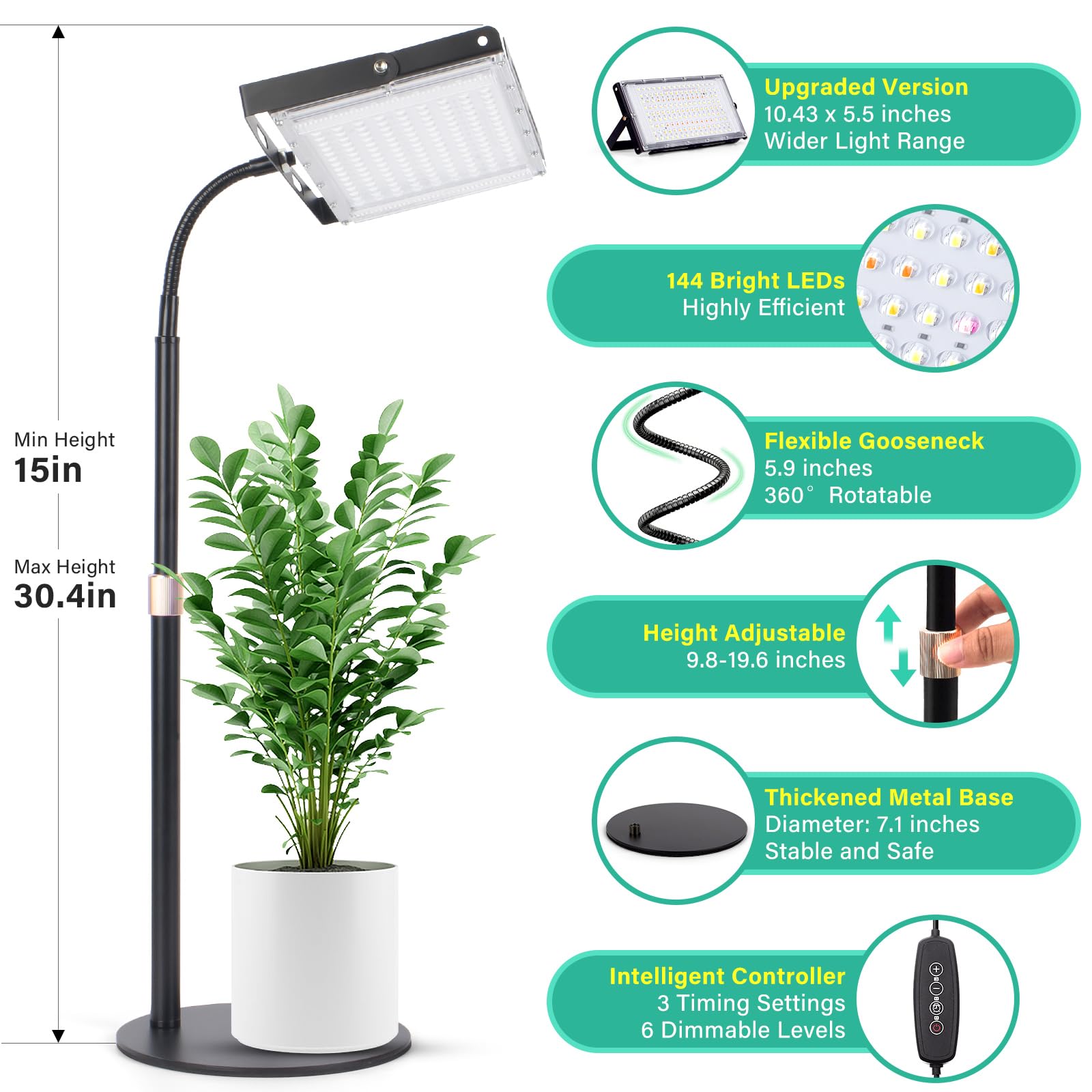 LBW Grow Light for Indoor Plants, 144 LED Full Spectrum Plant Light for Indoor Plants, Large Desk Grow Lamp with 4H/8H/12H Timer, 6-Level Brightness, Height Adjustable, Flexible Gooseneck