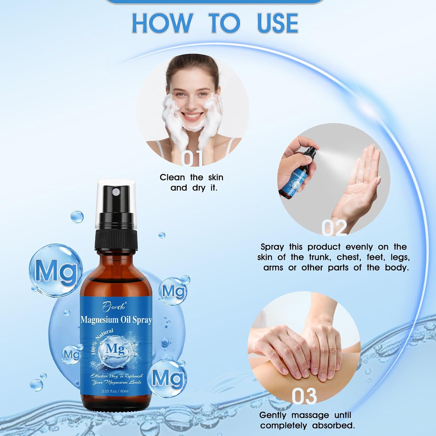 Pjordo Magnesium Oil Spray for Feet, Body & Sleep, 100% Pure & Natural Organic Topical Magnesium Chloride Oil Spray for Caring Body, Easy to Carry and Use, Rapidly Absorbed