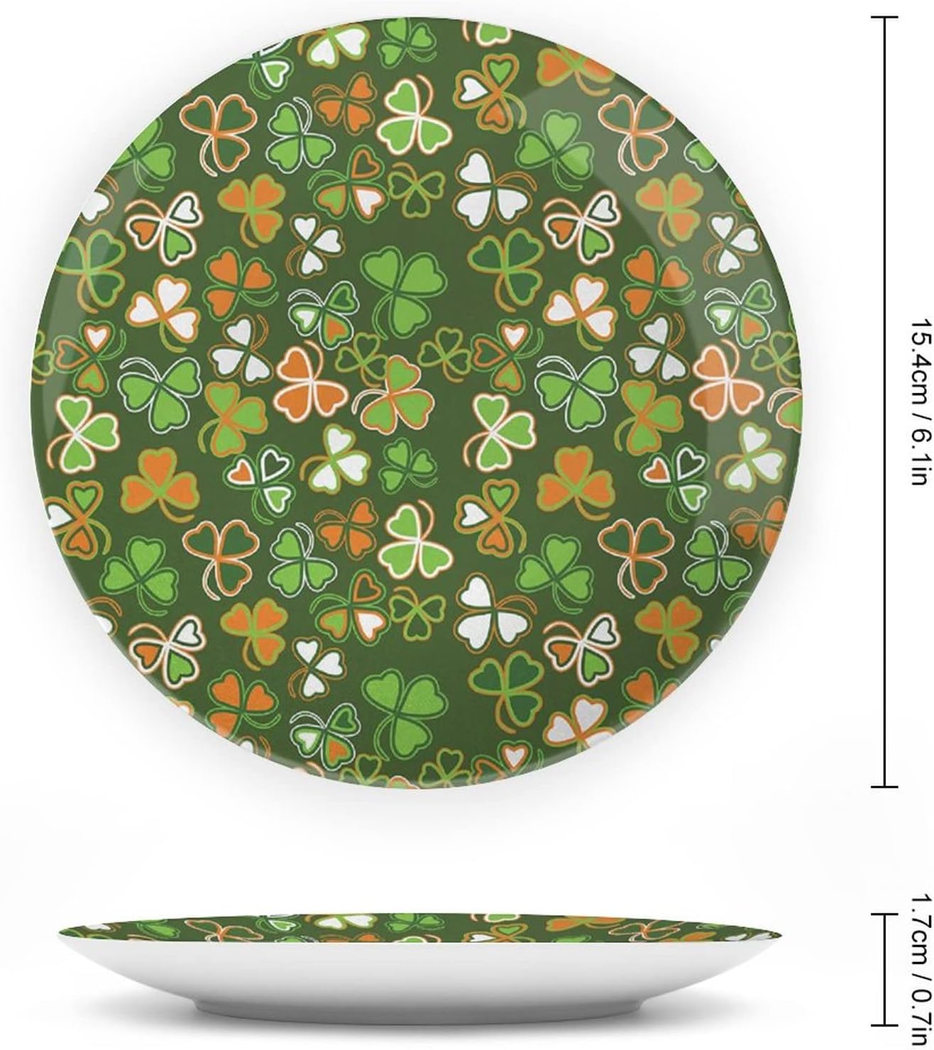 8 Inch Decorative Plate,St. Patricks Day Ceramic Stoneware, Lucky Shamrocks Pattern Irish Clover Celebration Day Print Ceramic Wall Hanging for Home Office Party Dinner Table Decor, Green and Orange image 2