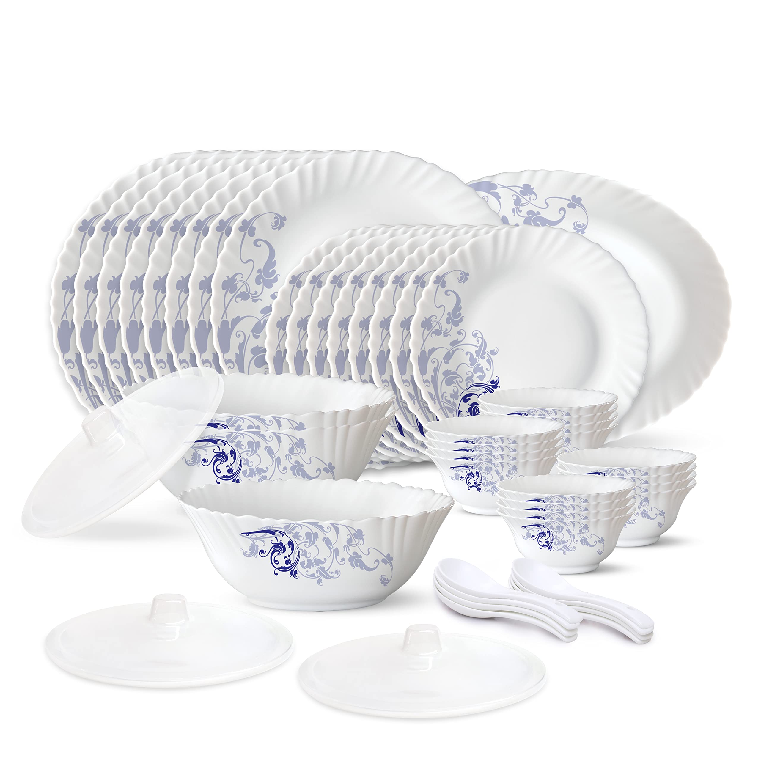 Borosil Gourmet Dinnerware Set For 8, 47 Pieces, White Dinner Plates and Bowls Sets, Chip Resistant Tempered Opal Glass, Stain Resistant, Dishwasher & Microwave Safe Dinner Set For Gifting, Serves 8
