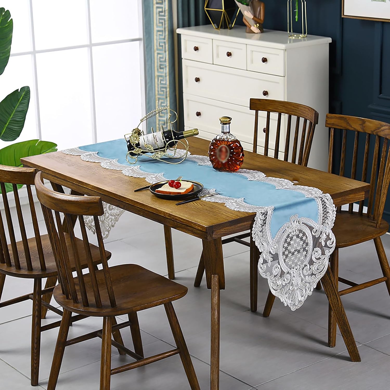 Hsvanyr Blue Lace Table Runner Dresser Scarf Macrame Embroidered Tablecloth with Exquisite Flower Rectangular Table Runner Dresser Scarf Doilies ,15inch by 71inch