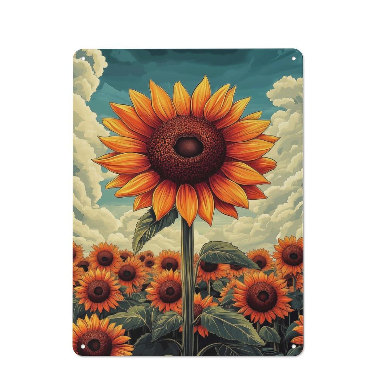Junmoney Style Decorative Metal Plaque With Sunflower Field Under Cloudy Sky Design 40X30cm, Casual Utility Space Decor For Patio Bar, Workshop, Shed Or Kitchen