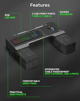 Couchmaster CYCON3 HORIZONLIGHT Bar, Ultimate Ergonomic USB-Hub Gaming Lap Desk for Couch and Bed, Large, Stable and Compatible with All Keyboards and Mouse/Mice, Laptops, PCs, PS4/5, Xbox