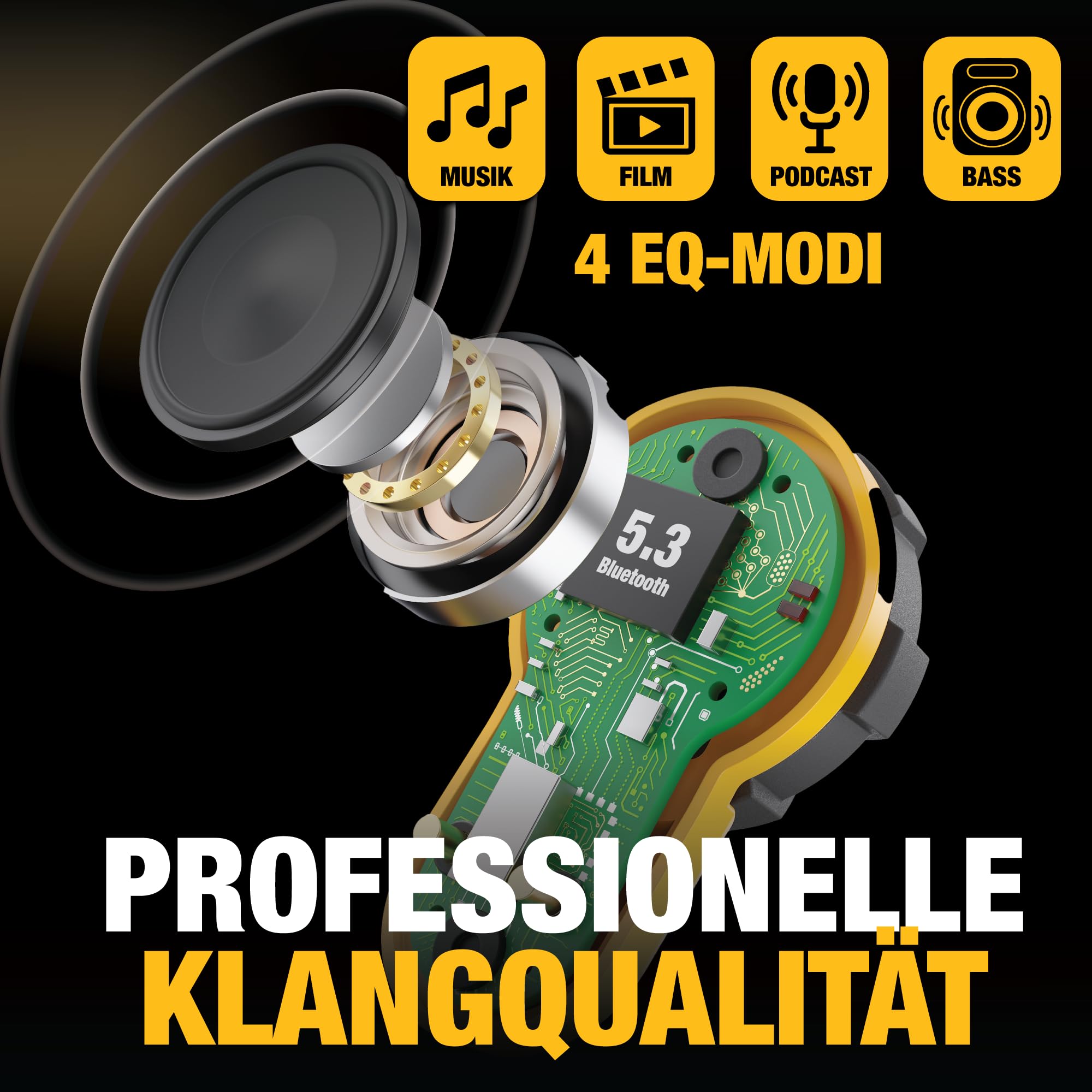 DEWALT Jobsite Pro X2 True Wireless Earbuds – Bluetooth 5.3 Kopfhörer mit Active Noise Cancelling, IP54 Staub- & Wasserschutz, 40 Std. Akkulaufzeit, Lautstärkeregelung, für Arbeit & Reisen
