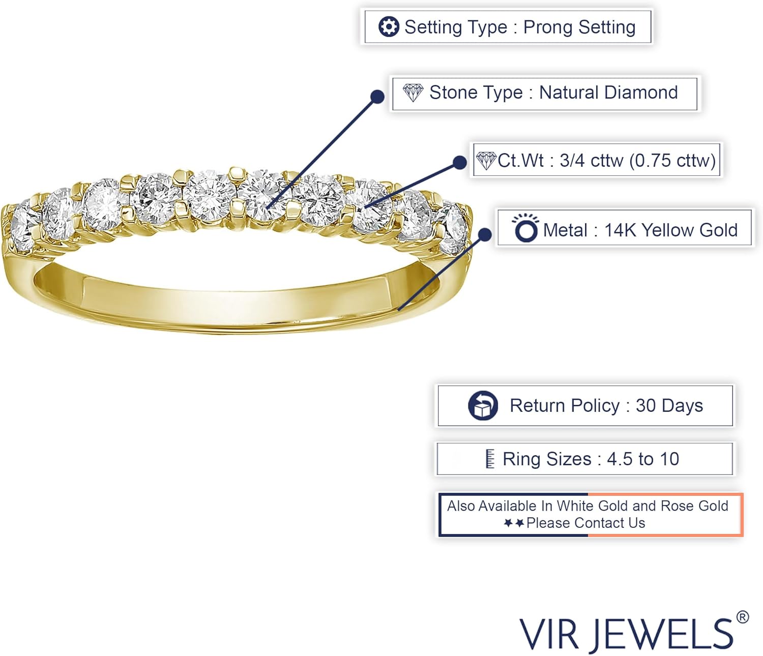 VIR JEWELS 3/4 cttw Round Diamond Wedding Band for Women in 14K Yellow Gold, 10 Stones Prong Set, Size 4.5-10 - Image 3