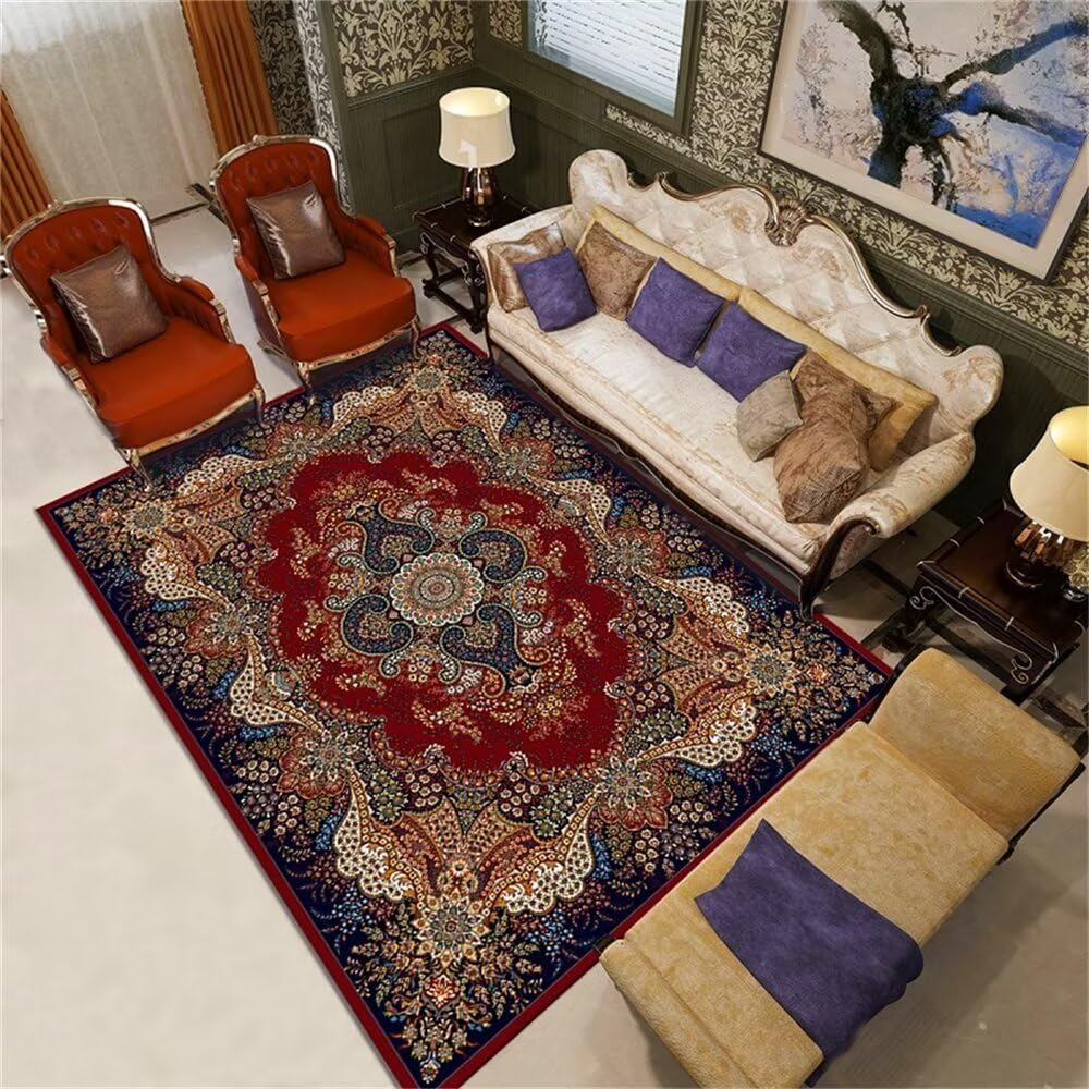 Grand tapis de salon rouge de forme rectangulaire au design rétro classique