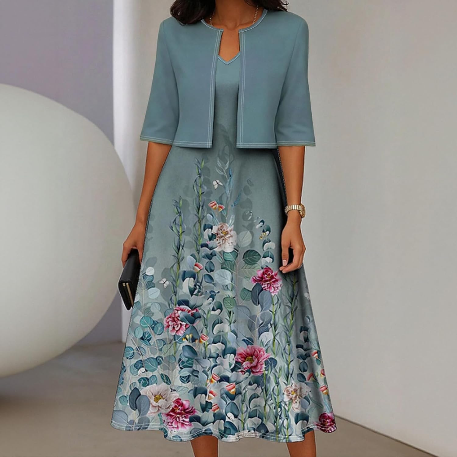 Women's Floral Print Straight Dress with Short Jacket Two-Piece Set, Elegant Mom Style Outfit for Party Team