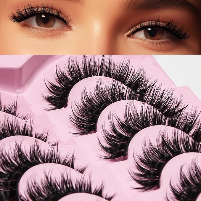 Russian Strip Lashes 7 Pairs Fluffy Wispy Faux Mink Eyelashes Cat Eye Natural Look D Curl False Lashes-R08