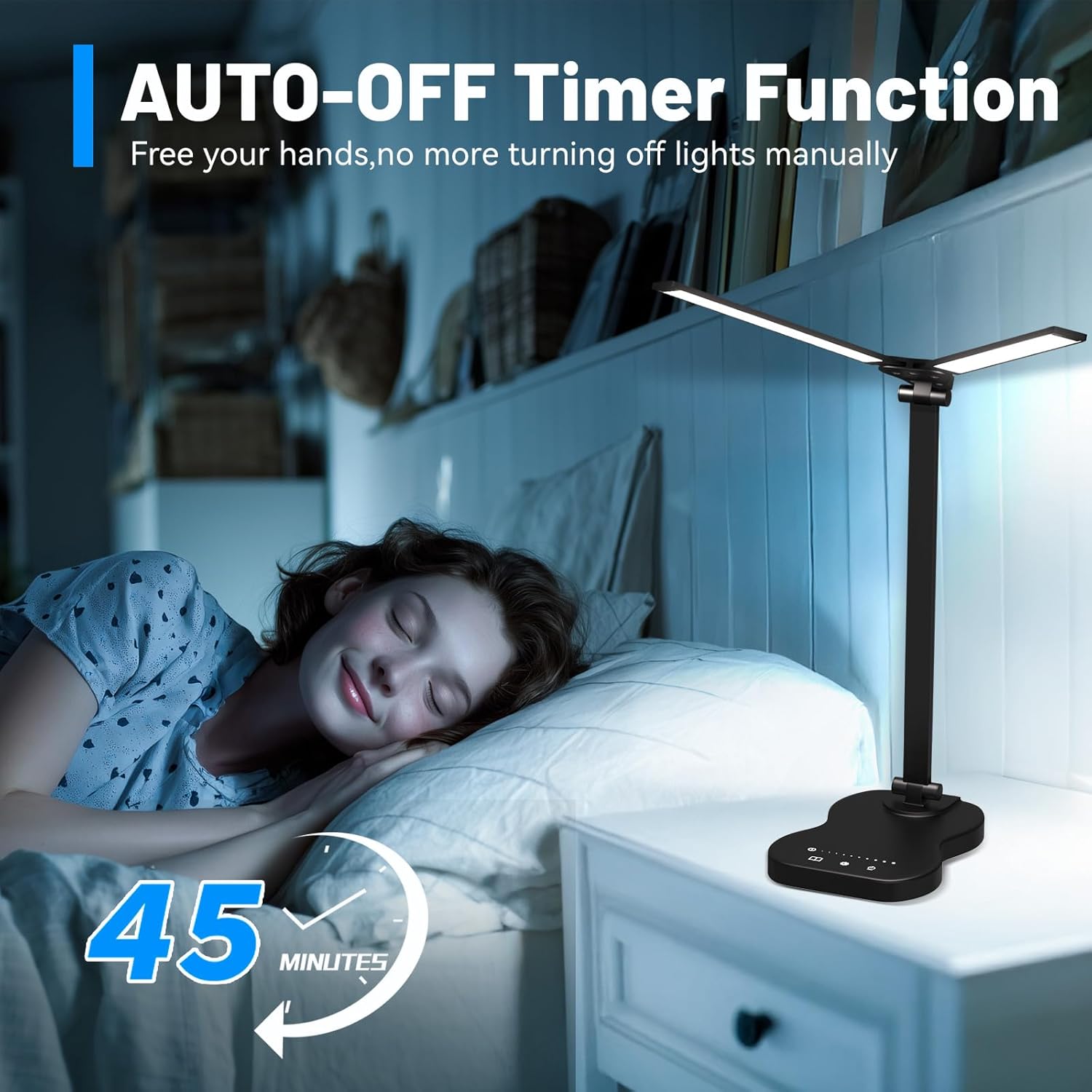 LED Desk Lamp with USB Charging Port, 5 Color Modes 10 Brightness, Dual Swing Arm Dimmable Desk Lamps for Home Office Nail Dorm (Black)