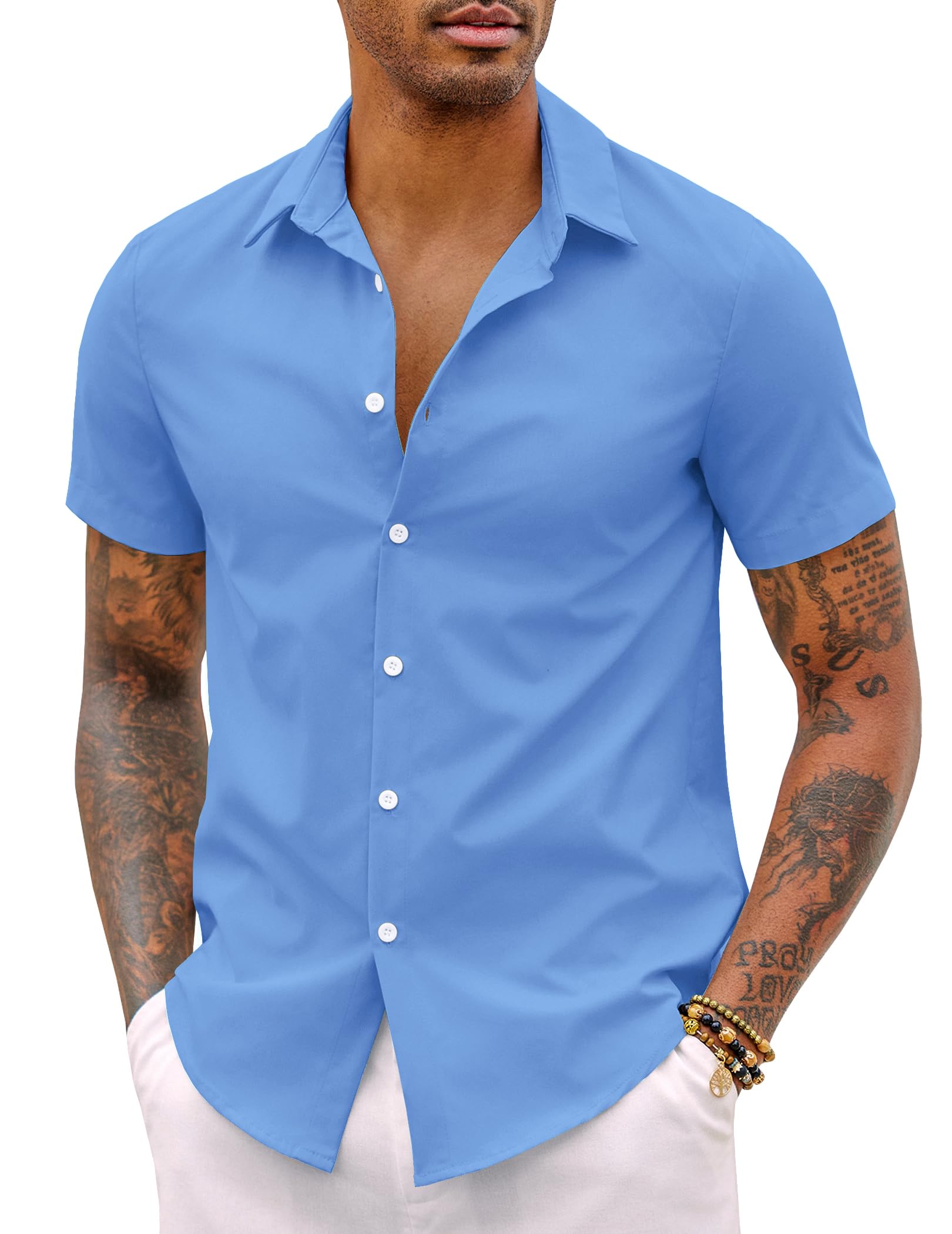COOFANDY Hemd Herren Kurzarm Leicht Sommerhemd Bügelfreie Hemden Herrenhemd Kurzarm Kurzarmhemd Büro Hemd Basic Shirt Himmelblau 5XL