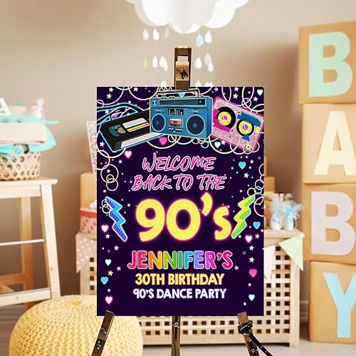 Miniatura 2 de HAQCO Póster de bienvenida de fiesta de los años 90, decoración de cumpleaños 40, retroceso de los años 90, retroceso, retroceso, neón, brillante,