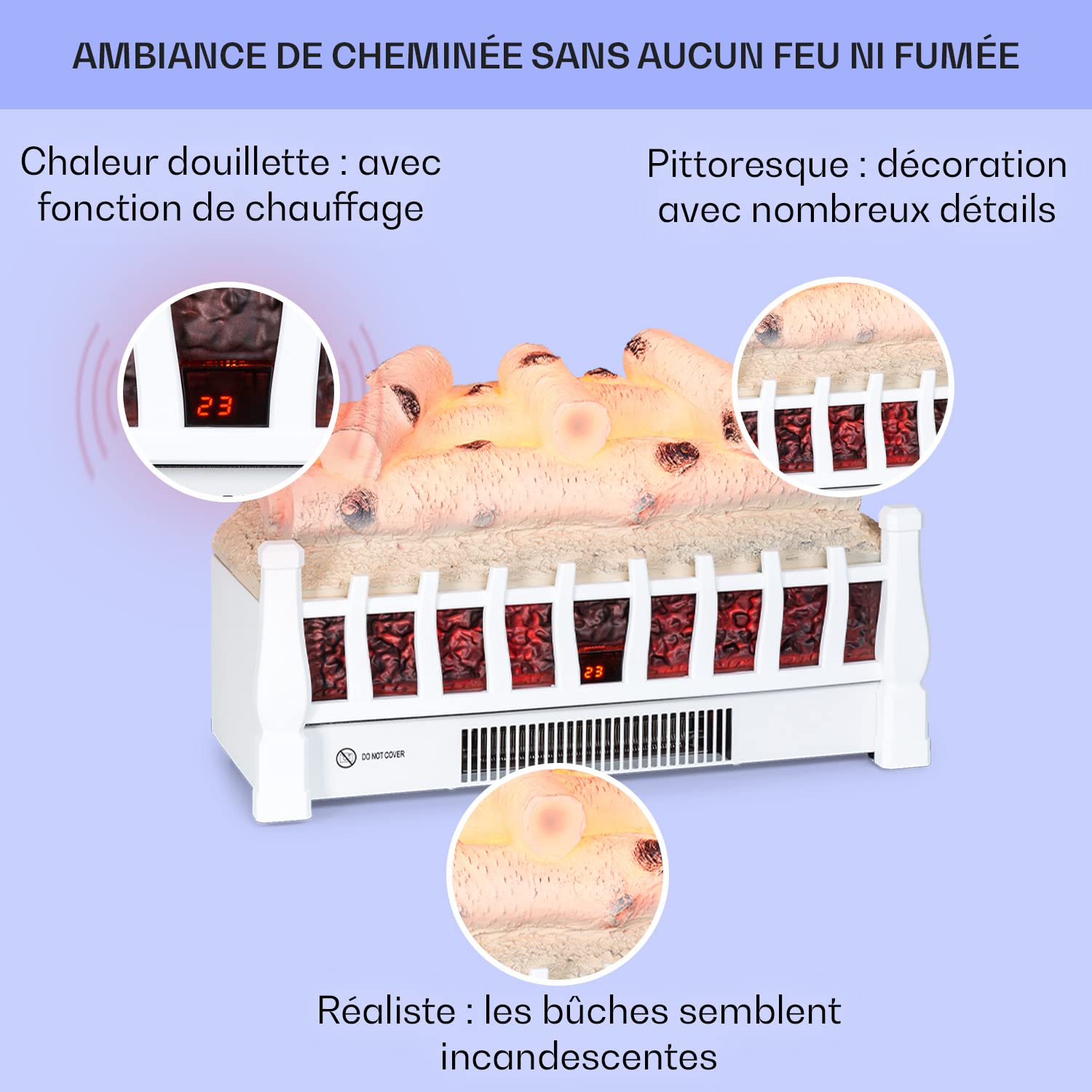 Klarstein Cheminée Electrique d'Intérieur, Chauffage Electrique de 1800W, Fausse Cheminée Decorative avec Effet Flamme en LED, Télécommande Inclus, Programmable, Minuterie, Thermostat Réglable