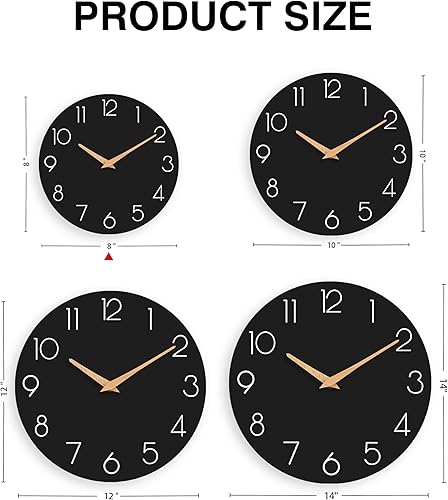 Miniatura 5 de Reloj de pared negro silencioso sin tictac, reloj de pared decorativo a pilas para dormitorio, cocina, hogar, oficina, escuela, hotel (8 pulgadas)