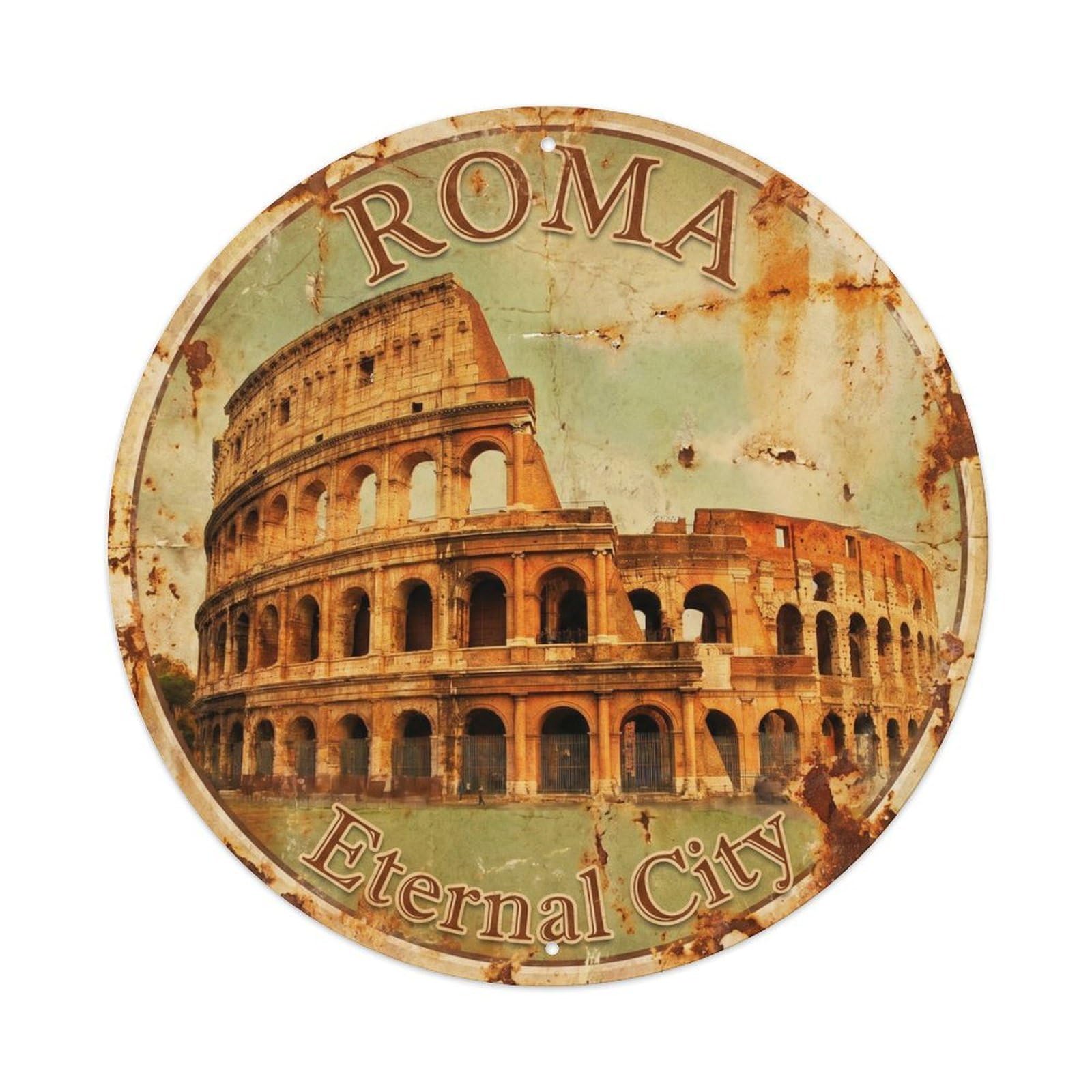 Vintage Travel Colosseum Ancient Rome 2 Metal Tin Sign Plaque Wall Decor for Cafe, Club, Garden Round Metal Poster 8x8Inch