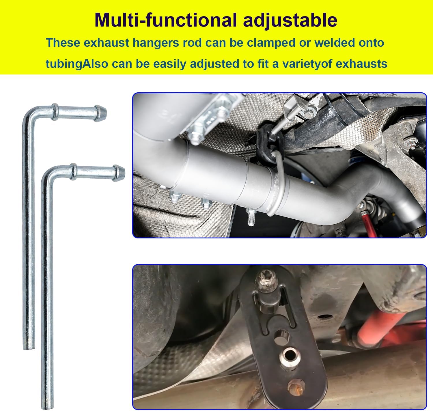 Rubber Exhaust Hanger,2 Holes and 4 Holes Adjustable Muffler Hanger(0.47" Hole Diameter),90°Bend Universal Weld in Place Exhaust Hanger Rod (12 PCS)