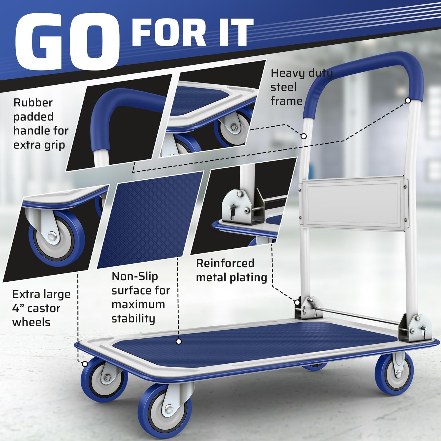 Close-up image highlighting the features of the dolly: rubber padded handle, non-slip surface, reinforced metal plating, and 4-inch castor wheels.