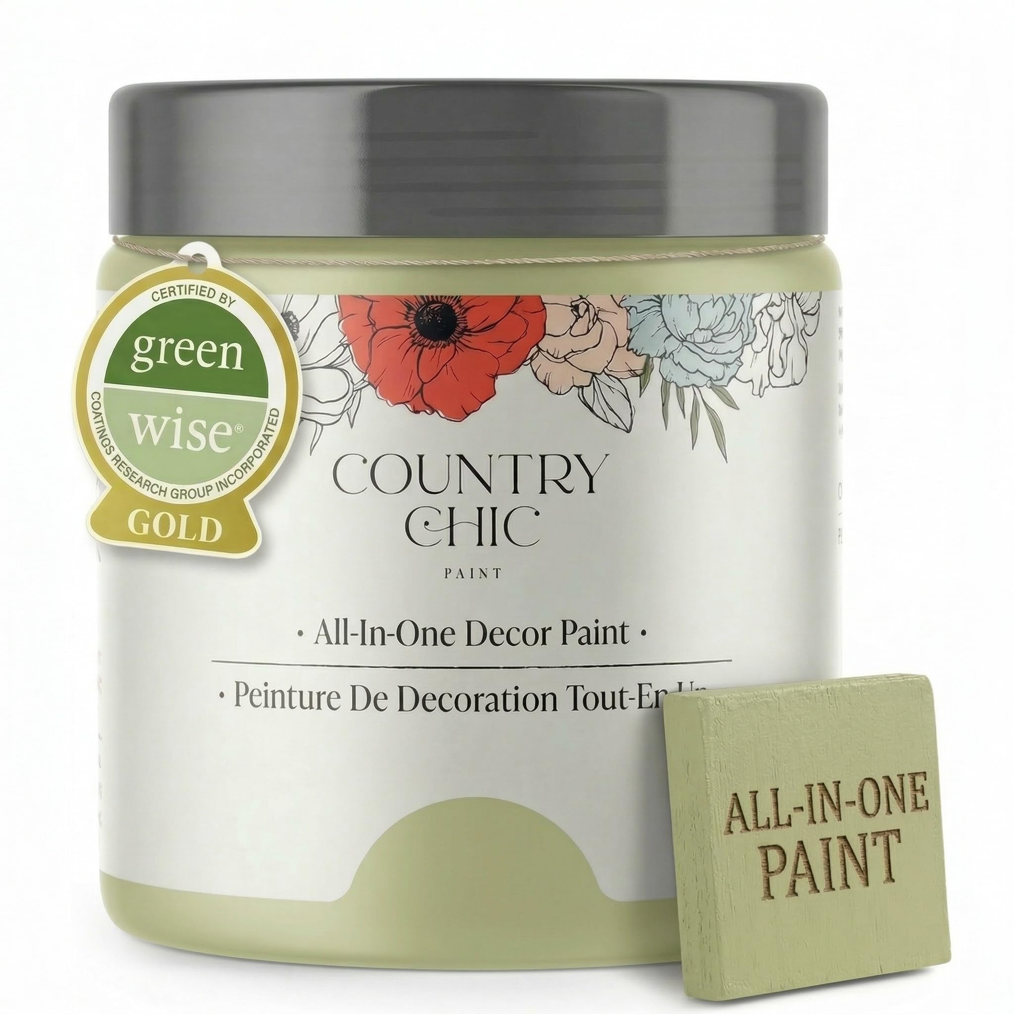 Country Chic All-in-One Chalk Paint for Furniture, Cabinets, Home Decor, Eco-Friendly, Matte Finish, Built-In Primer &amp; Top Coat for Wood, Metal - Botanical (Soft Green) Half pint (8 oz)