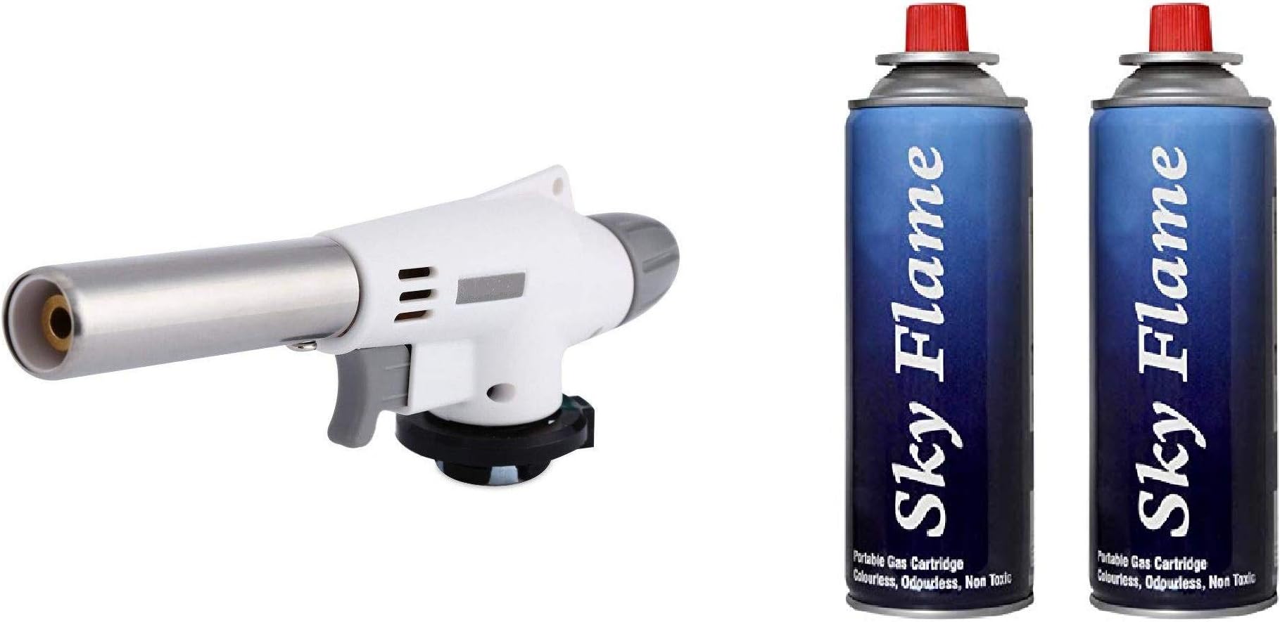 Cloudberry Auto Ignition Butane Gas Blow Torch for Outdoor |BBQ Tool Burner Flamethrower Welding Gun with 2 Butane Canister (Gun with 2 Canister)