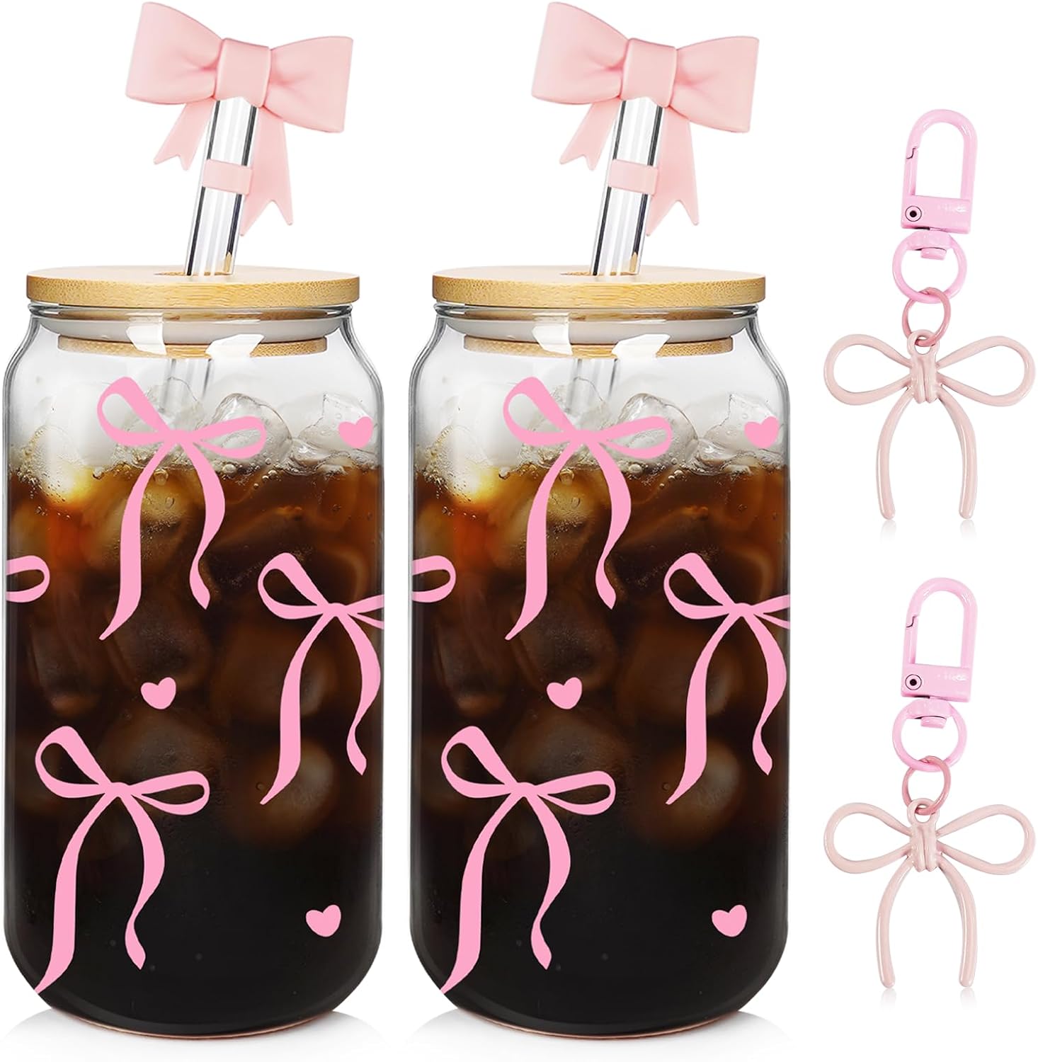 Mason Life Coquette Pink Bow Cute Glass Cups with Lids 2Pack 18OZ Cute Tumbler Glass Cup with Keychains and Straw Covers for Valentines Day Gift Iced Coffee Smoothie Cocktail Matcha Milk Mother's Gift