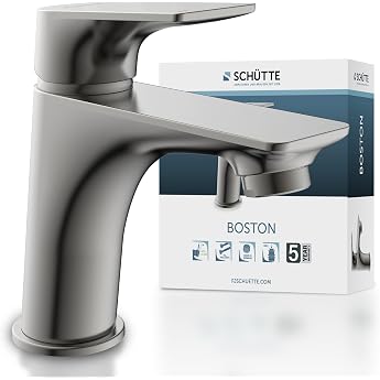SCH TTE 33212 Boston Bathroom Tap Matte Graphite Basin Mixer Tap Gray Modern Single Lever Mixer Tap with Drain Fitting for Your Bathroom
