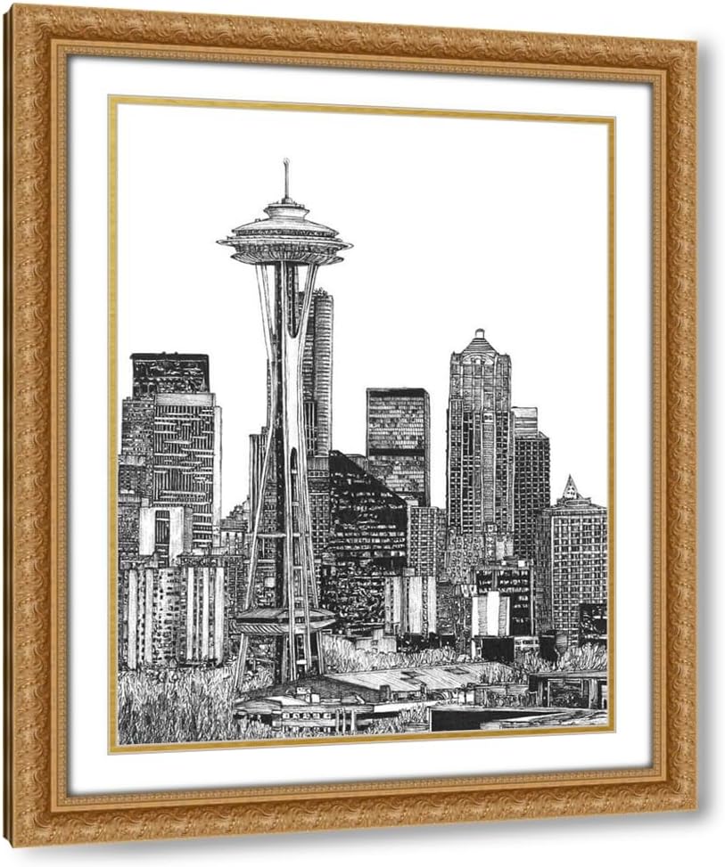 ArtDirect BandW Us Cityscape-Seattle 15x18 Black Ornate Wood Framed with Double Matting Museum Art Print by Wang, Melissa