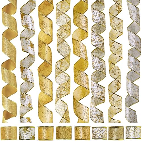 8 rollos de 48 yardas, cinta decorativa para árbol de Navidad, color blanco y dorado surtido, cinta de organza de tul con purpurina transparente de