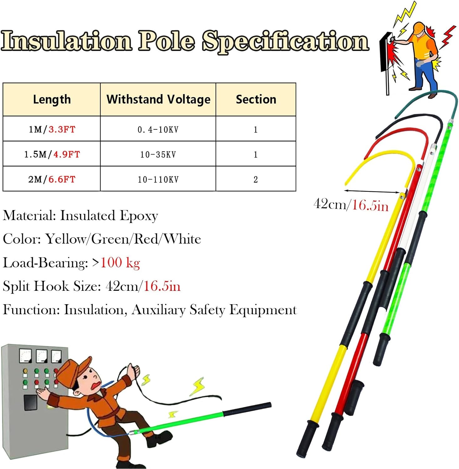 1M Insulated Electrical Safety Rescue Hook, 16-Inch Opening for Electricians, Emergency Equipment, 220 Lbs Load Capacity, 10kV Rated, Red (3.3ft/1m)