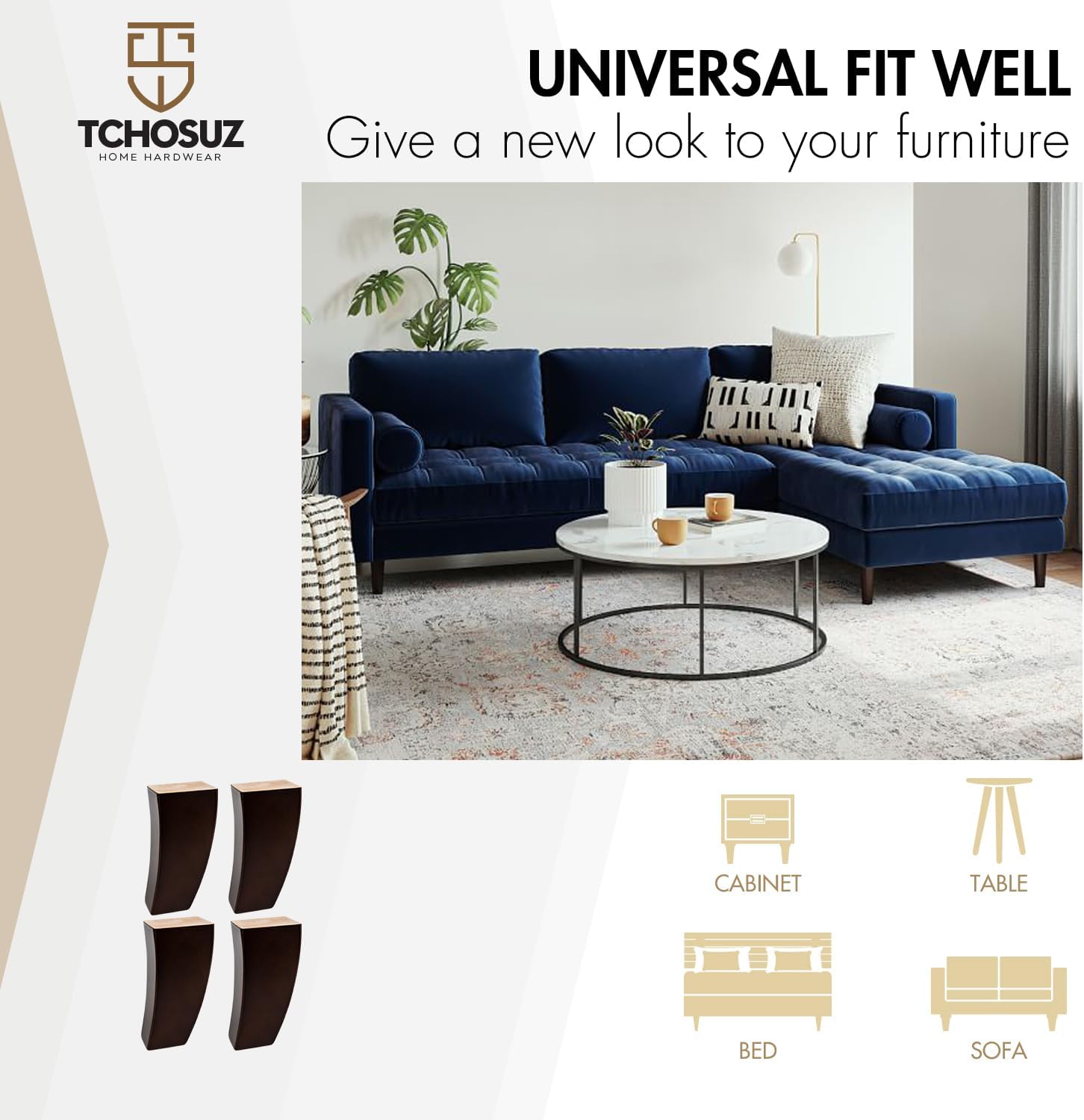 6 inch / 15cm Wooden Furniture Legs, Set of 4 Mid Century Modern Solid Wood Walnut Curved Pyramid Square DIY Replacement Feet for Sofa Couch Armchair Bed Recliner Riser