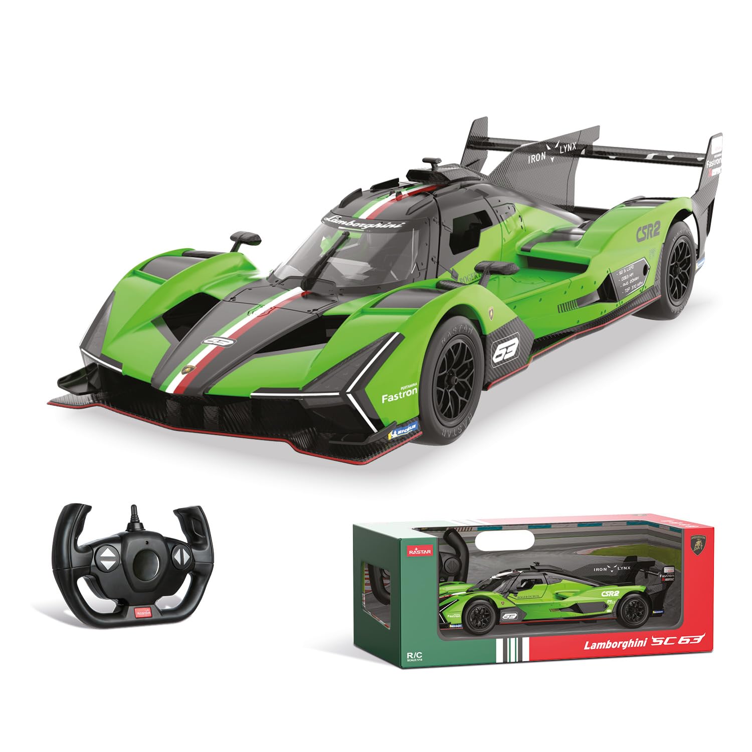 Mondo Motors Lamborghini SC 63 Le Mans, Modelo en Escala 1:14, hasta 10 Km/h de Velocidad, Coche de Juguete 63837, Color Verde