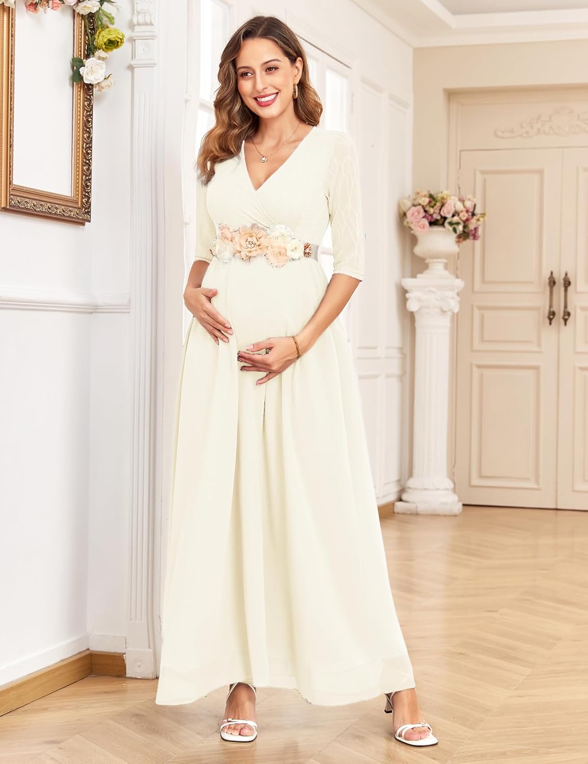 AISWI 3/4 Sleeve Maternity Dress Leaf Lace Contrast Chiffon V Neck Wrap A Line Flowy Pregnancy Dresses for Baby Shower