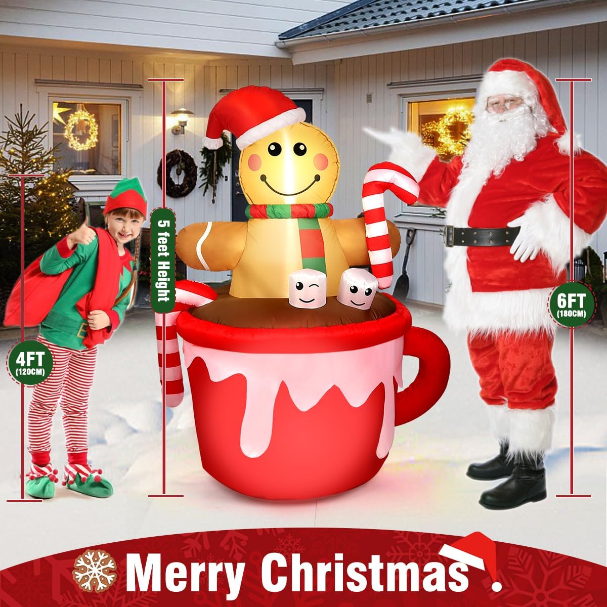 5FT Christmas Inflatable Outdoor Decoration, Gingerbread Man in Coffee Mug Blow Up LED Light Christmas Inflatables Yard Decorations with Build-in LEDs for Indoor Outdoor Garden Party Lawn Xmas Decor