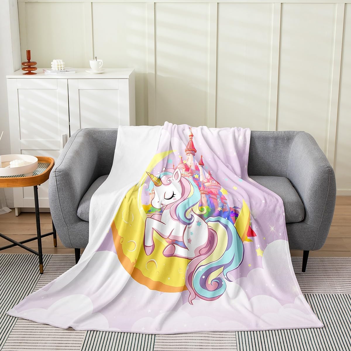 Unicorn Flannel Blanket Queen 90"x90" Warm Lightweight,Cartoon Unicorn Castle Girls Bedroom Gift Bed Sofa Couch Blankets,Hand Drawn Moon Dreamy Starry Sky Breathable Flannel Plush Blanket