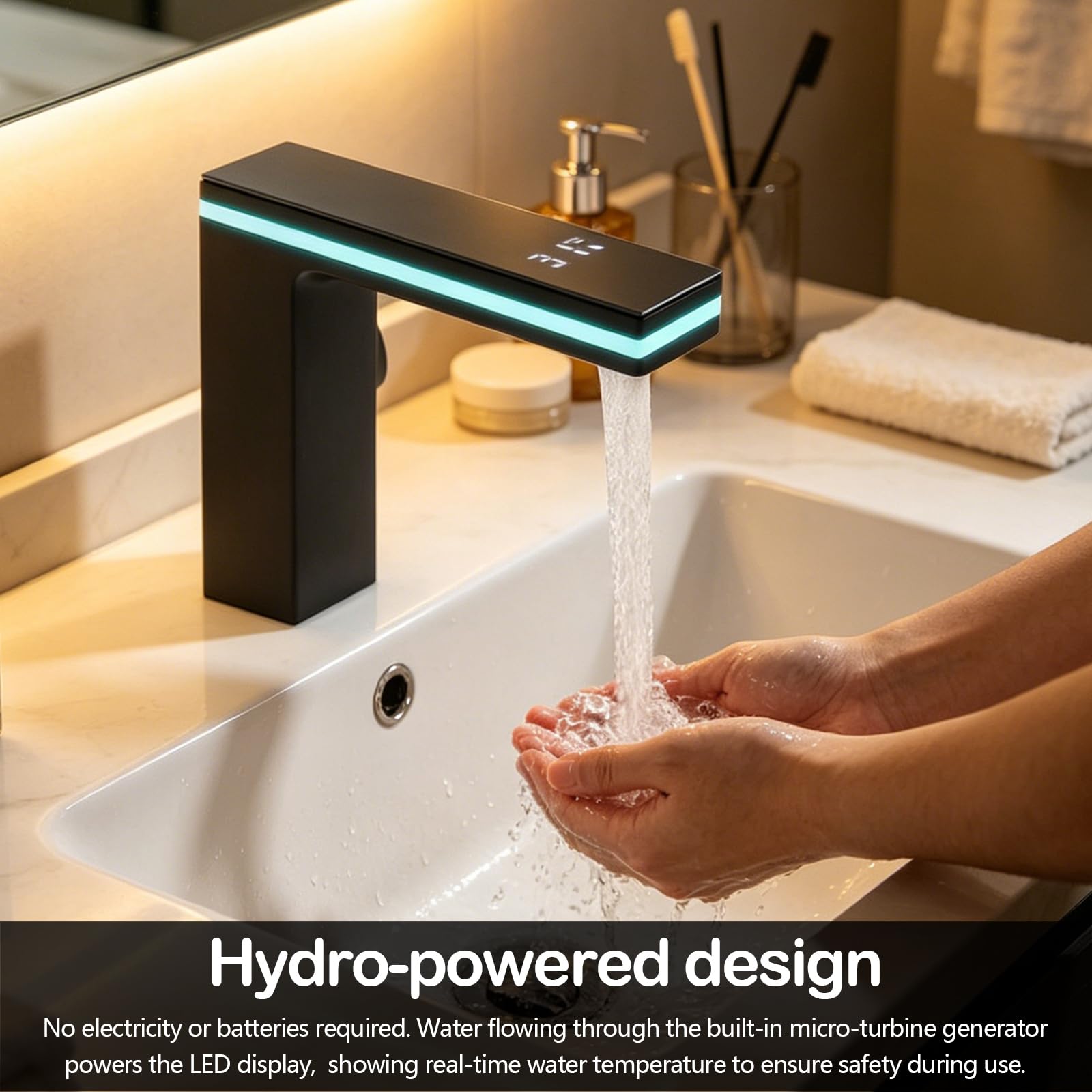 Mischbatterie Wasserhahn Badezimmer, Wasserhahn Bad Schwarz mit LED-Temperaturanzeige Digitalanzeige Waschtischarmatur aus Messing Einhebelmischer Wasserfall Waschtischarmaturen für Küche