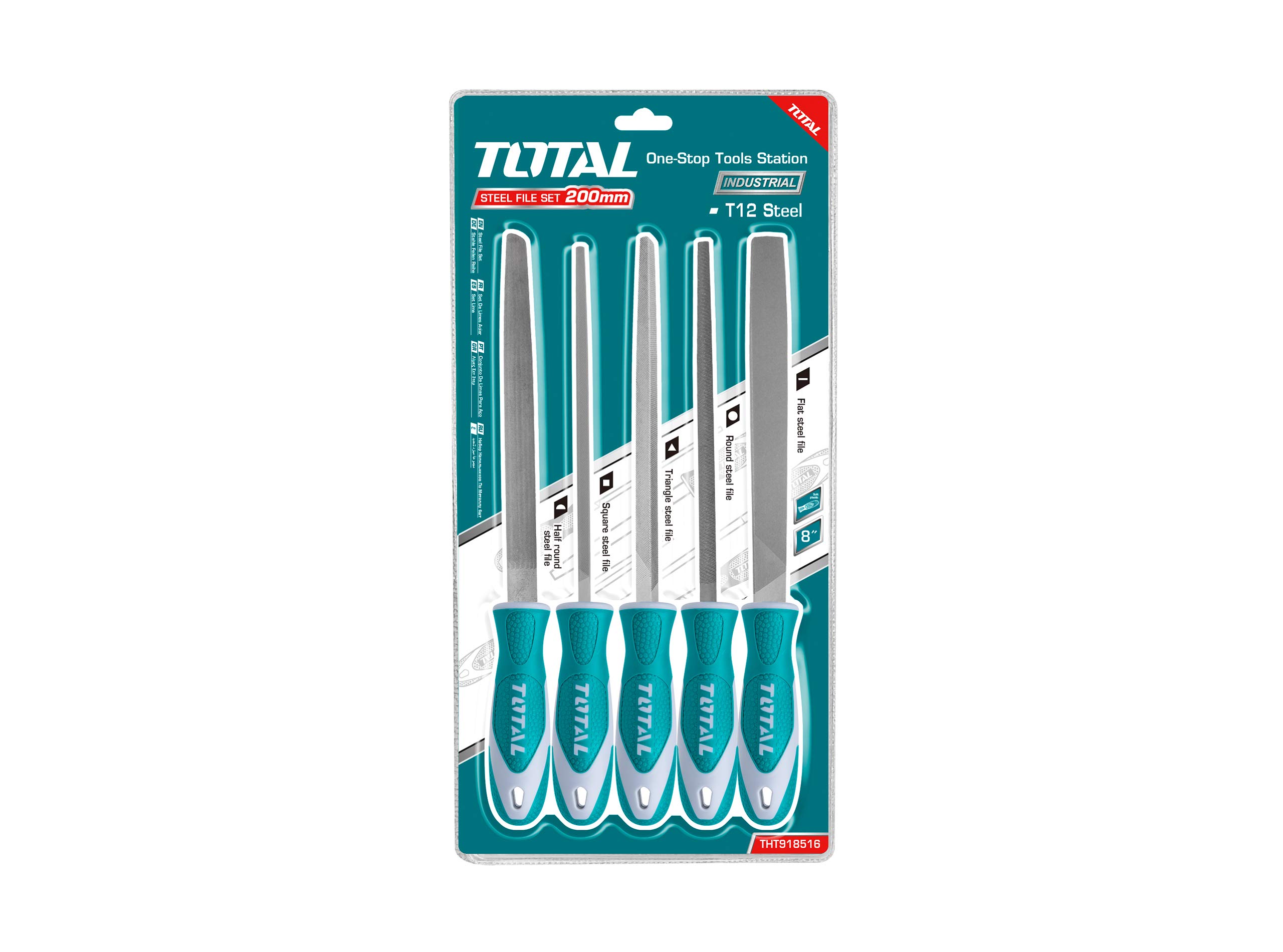 TOTAL - Juego de 5 Limas - 200 mm (8'') - Lima Plana, Media Circunferencia, Redonda, Triangular y Cuadrada - Ideal Para Carpintería - Para Limar Madera, Plástico o Metal - Acero Turquesa