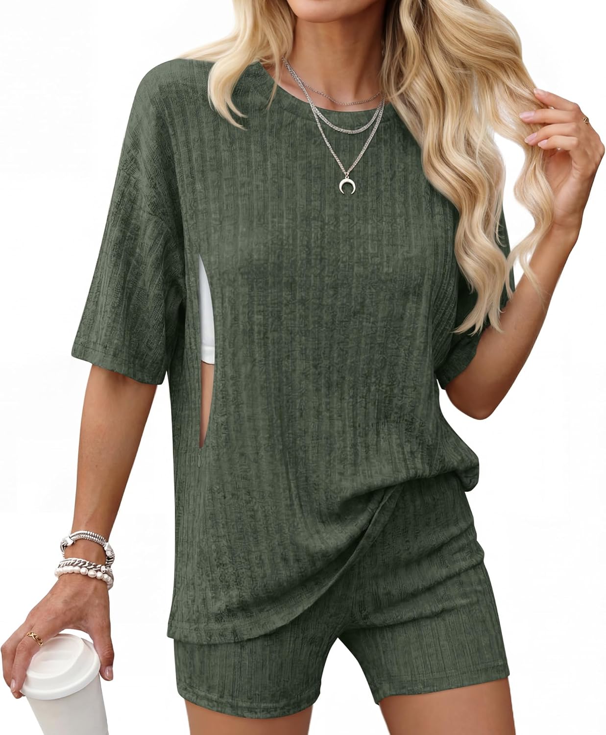 Women's Nursing 2 Piece Outfit Maternity Breastfeeding Set Ribbed Zipper Short Shirts Pregnancy Shorts with Pockets